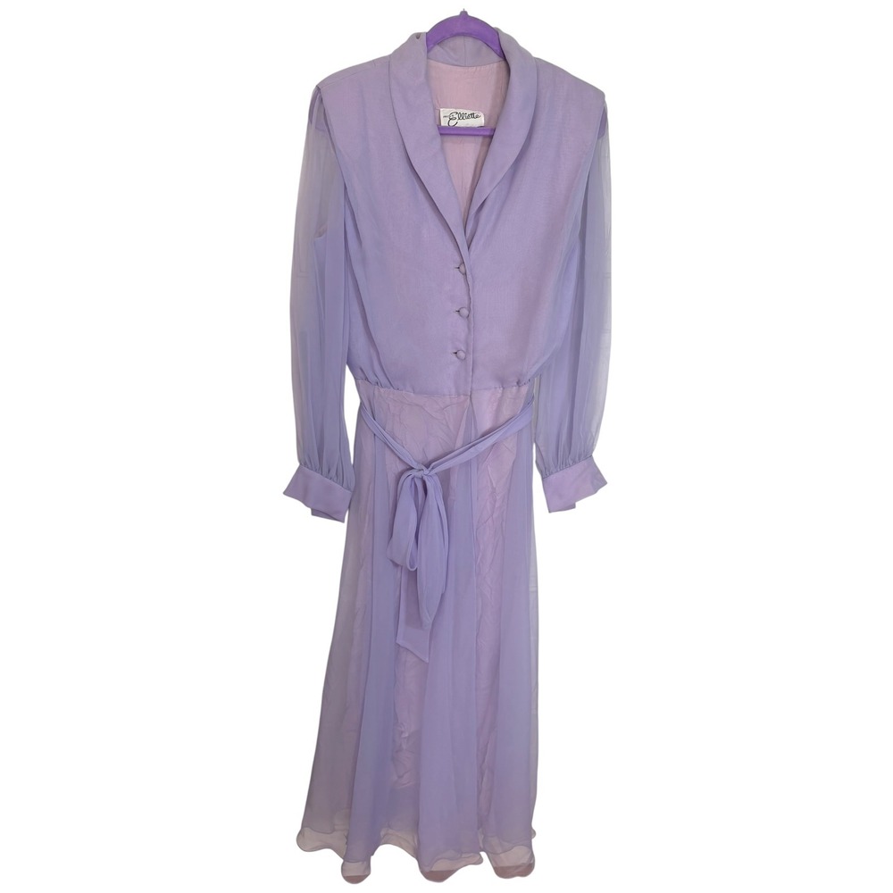 Miss Elliette 20 Purple Maxi Dress Shawl Collar Sheer Sleeve Vintage 80s Formal